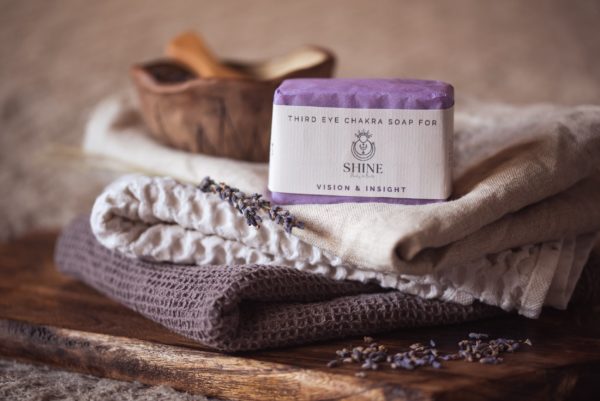 Third Eye Chakra Soap, wrapped on cream and purple linen tea towels with lavender | Shine Body & Bath